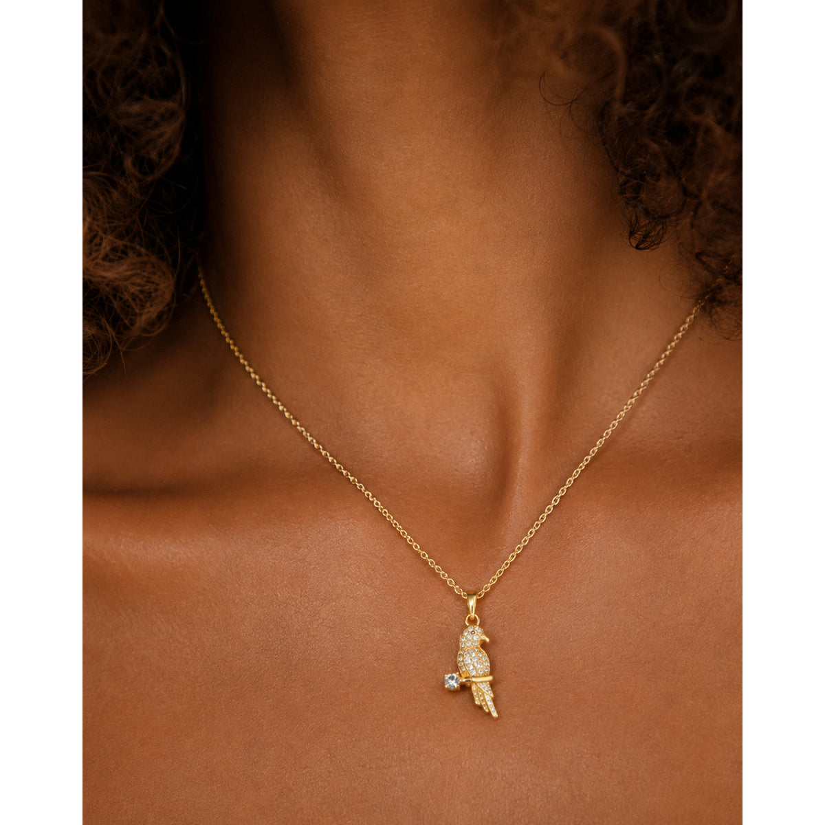 Dije de loro en pavé puesto al cuello, en otro plano