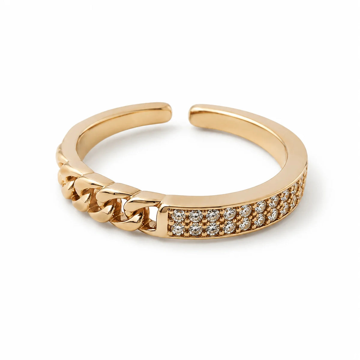 Anillo dorado ajustable con eslabón de cadena cubana y banda en pavé