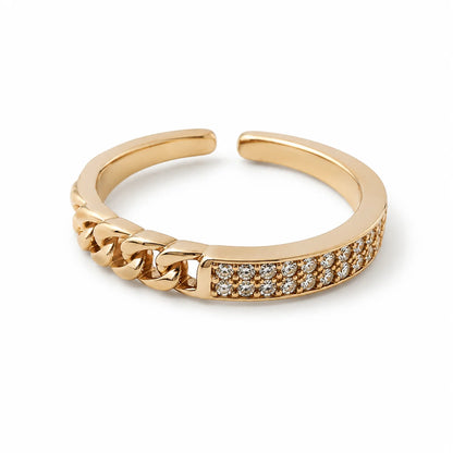 Anillo dorado ajustable con eslabón de cadena cubana y banda en pavé