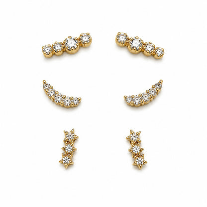 Set de tres pares de aretes dorados en pavé de circonias de distintas formas