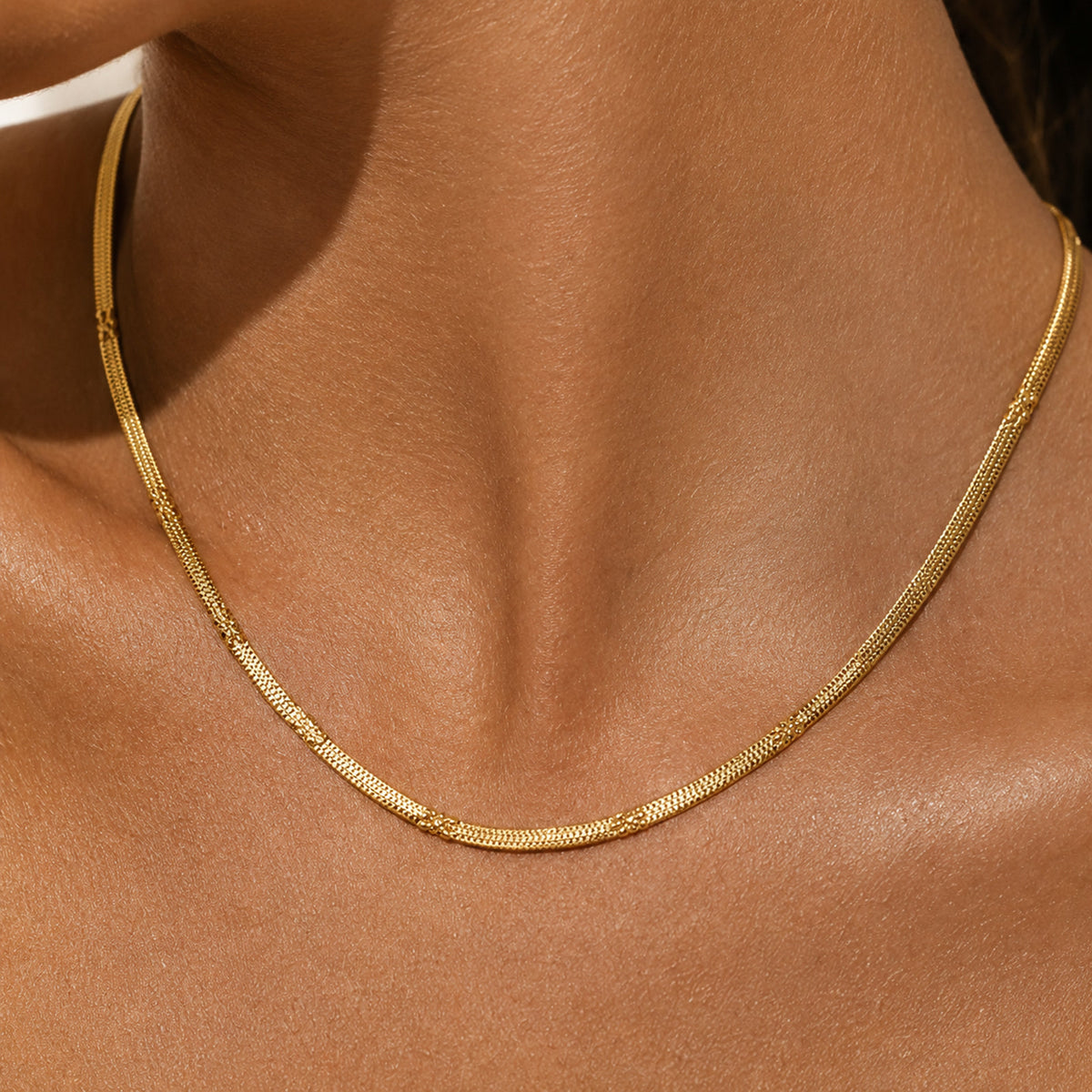 Collar de cadena plana puesto al cuello, en otro plano