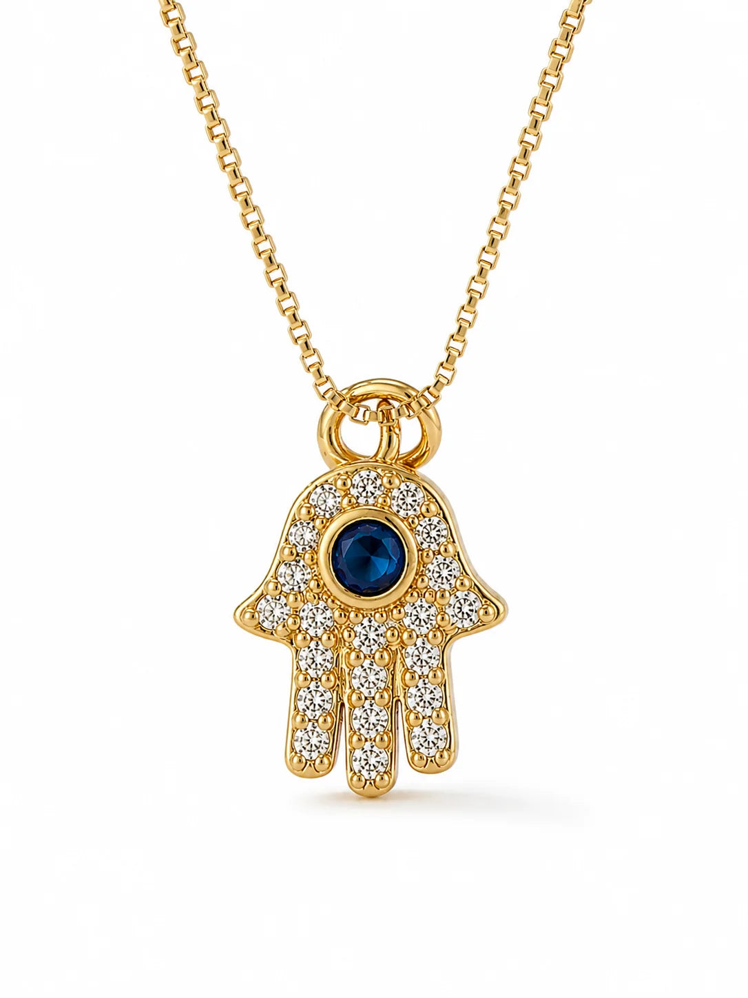 Collar dorado con dije de mano de hamsa en pavé y piedra azul al centro