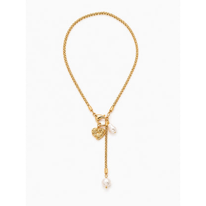 Collar lariat dorado con dije de flor y perla colgante