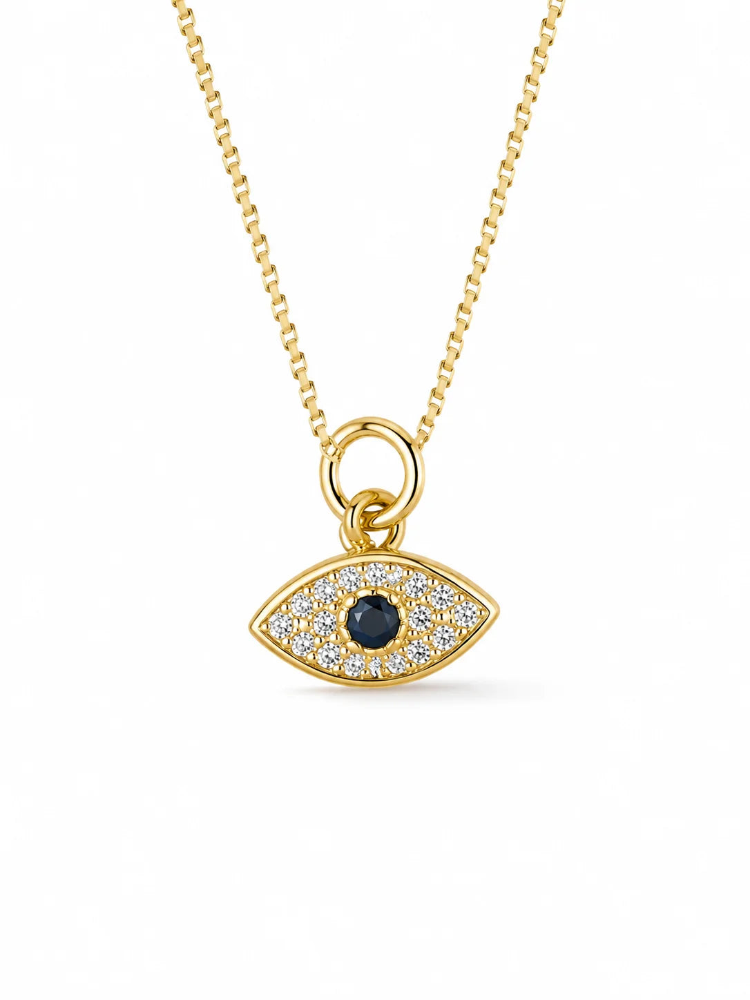 Collar dorado con dije de ojo turco en pavé y piedra azul al centro
