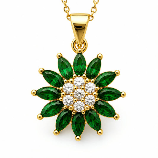 Dije de flor con petalos de piedra verde y centro en pave