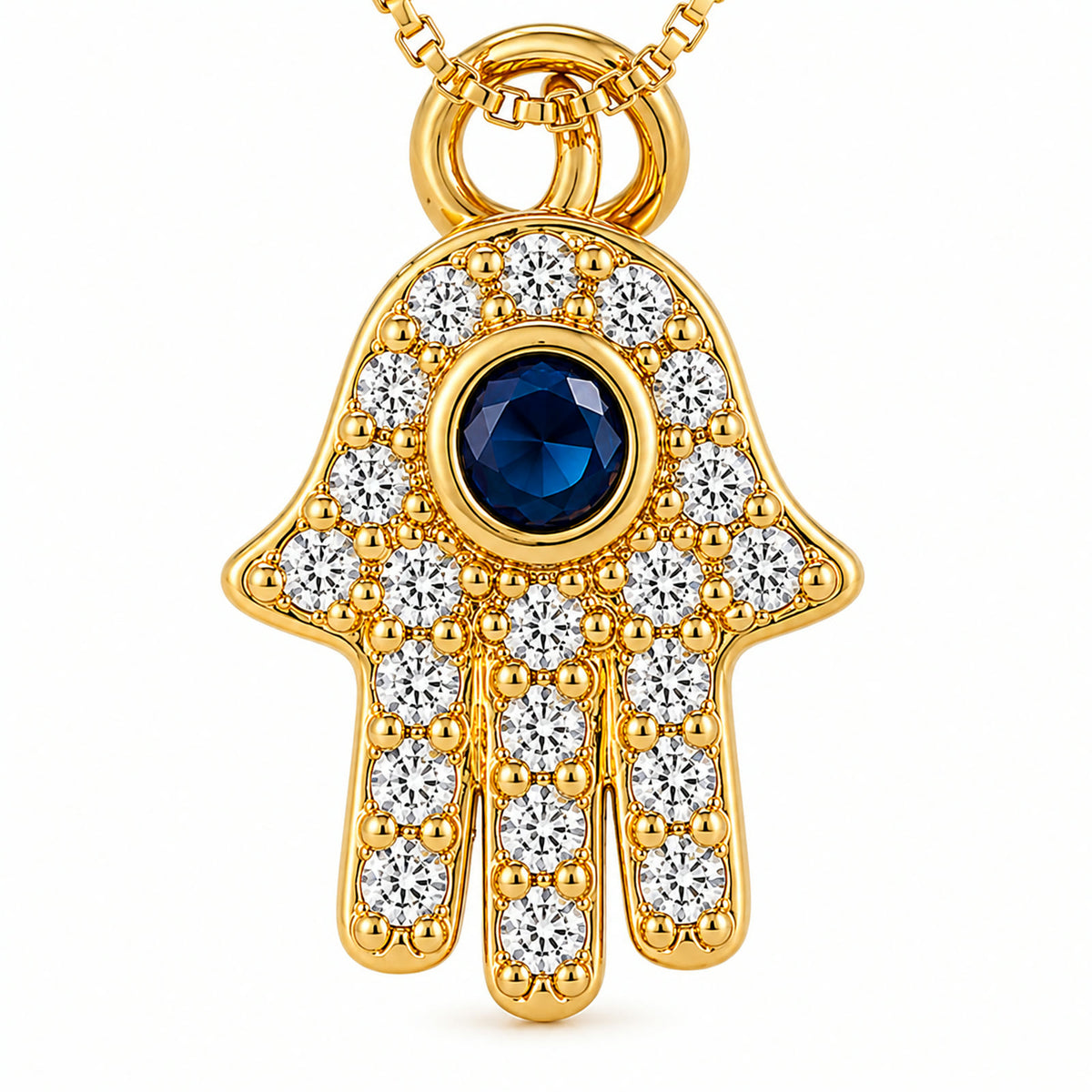 Dije de mano de Hamsa en pave con piedra azul en el centro
