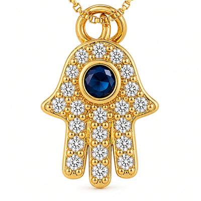 Dije de mano de Hamsa en pave con piedra azul en el centro