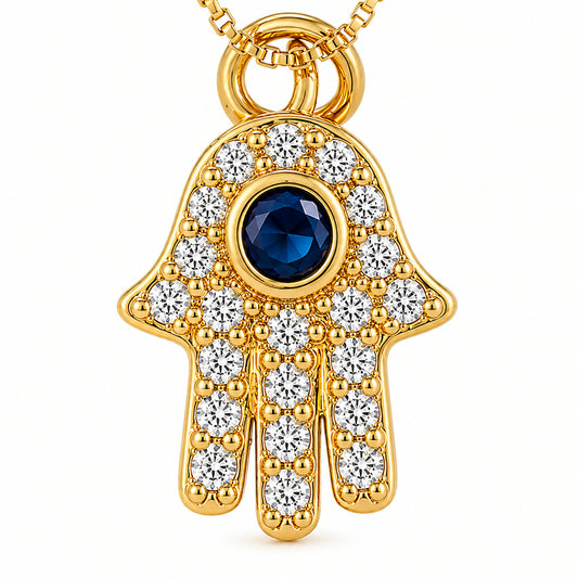 Dije de mano de Hamsa en pave con piedra azul en el centro