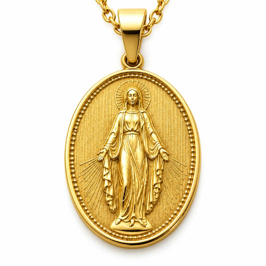 Dije de medalla oval dorada de la Virgen Milagrosa