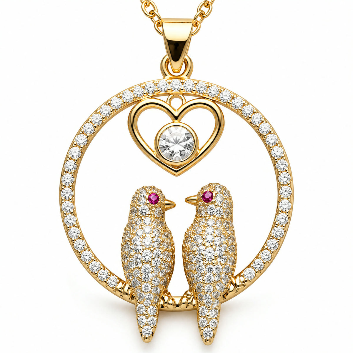 Dije circular dorado con dos pajaros y un corazon en pave