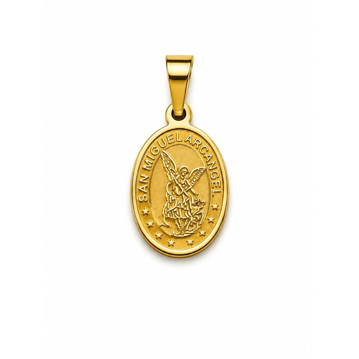 Dije de medalla oval dorada de San Miguel Arcángel con inscripción