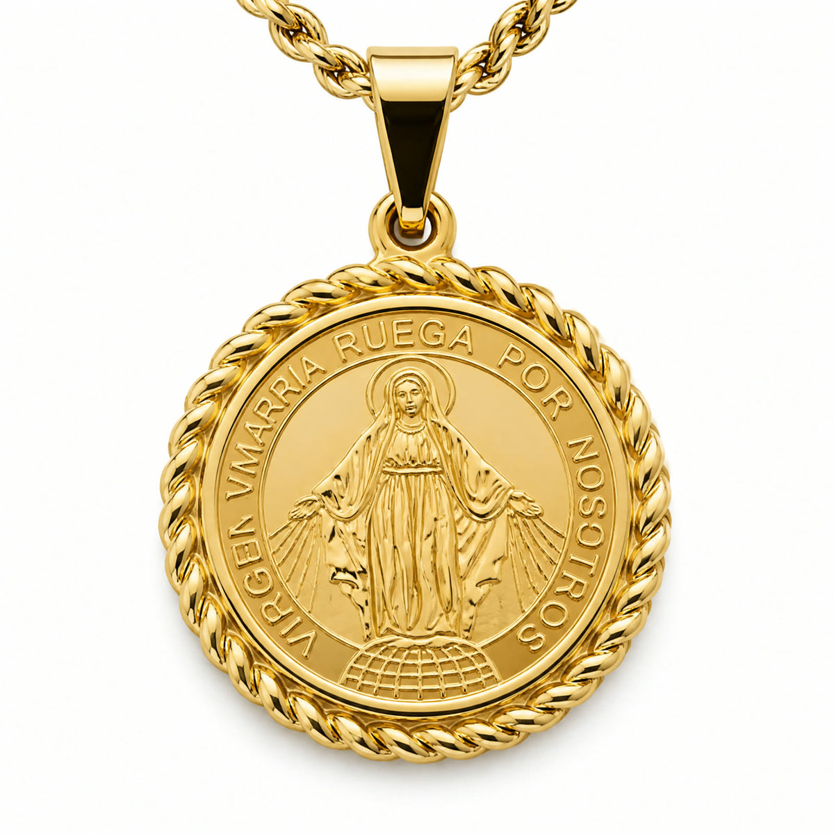 Dije de medalla redonda dorada de la Virgen Maria con borde trenzado
