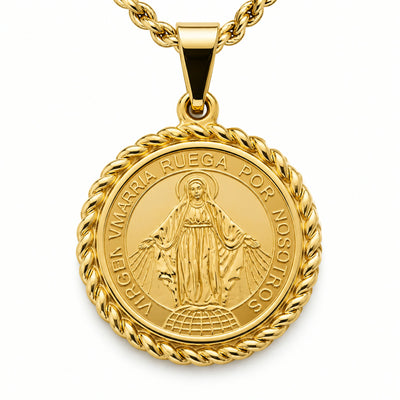 Dije de medalla redonda dorada de la Virgen Maria con borde trenzado