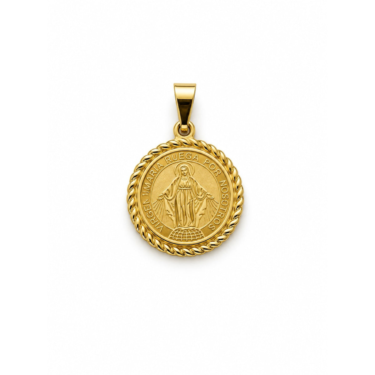 Dije de medalla redonda dorada de la Virgen María con borde trenzado