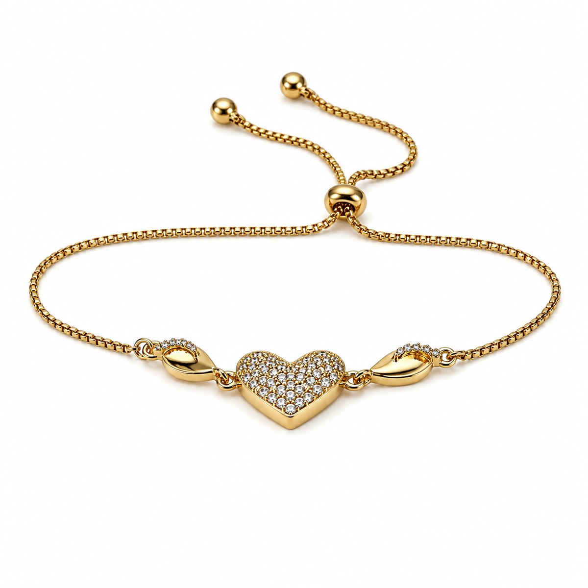 Pulsera dorada ajustable con un corazón en pavé entre dos hojas doradas