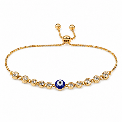Pulsera dorada ajustable con circonias redondas y un ojo turco azul al centro