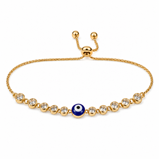 Pulsera dorada ajustable con circonias redondas y un ojo turco azul al centro