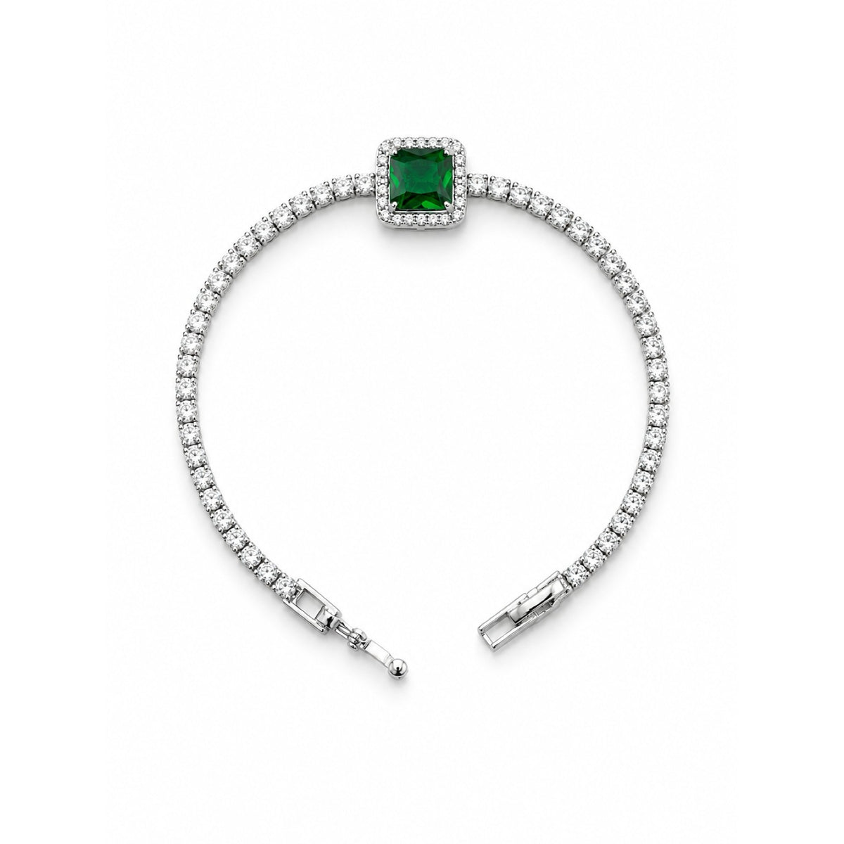 Pulsera tenis plateada de circonias con piedra verde cuadrada en el centro