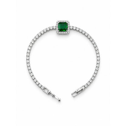 Pulsera tenis plateada de circonias con piedra verde cuadrada en el centro